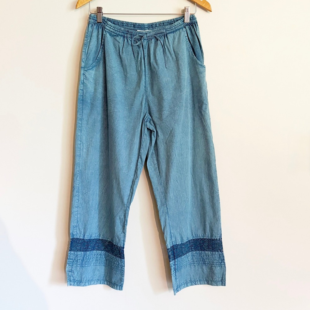 April Cornell Womens Blue Wide Leg Crop Pants Small Cotton Crochet Lace Trim